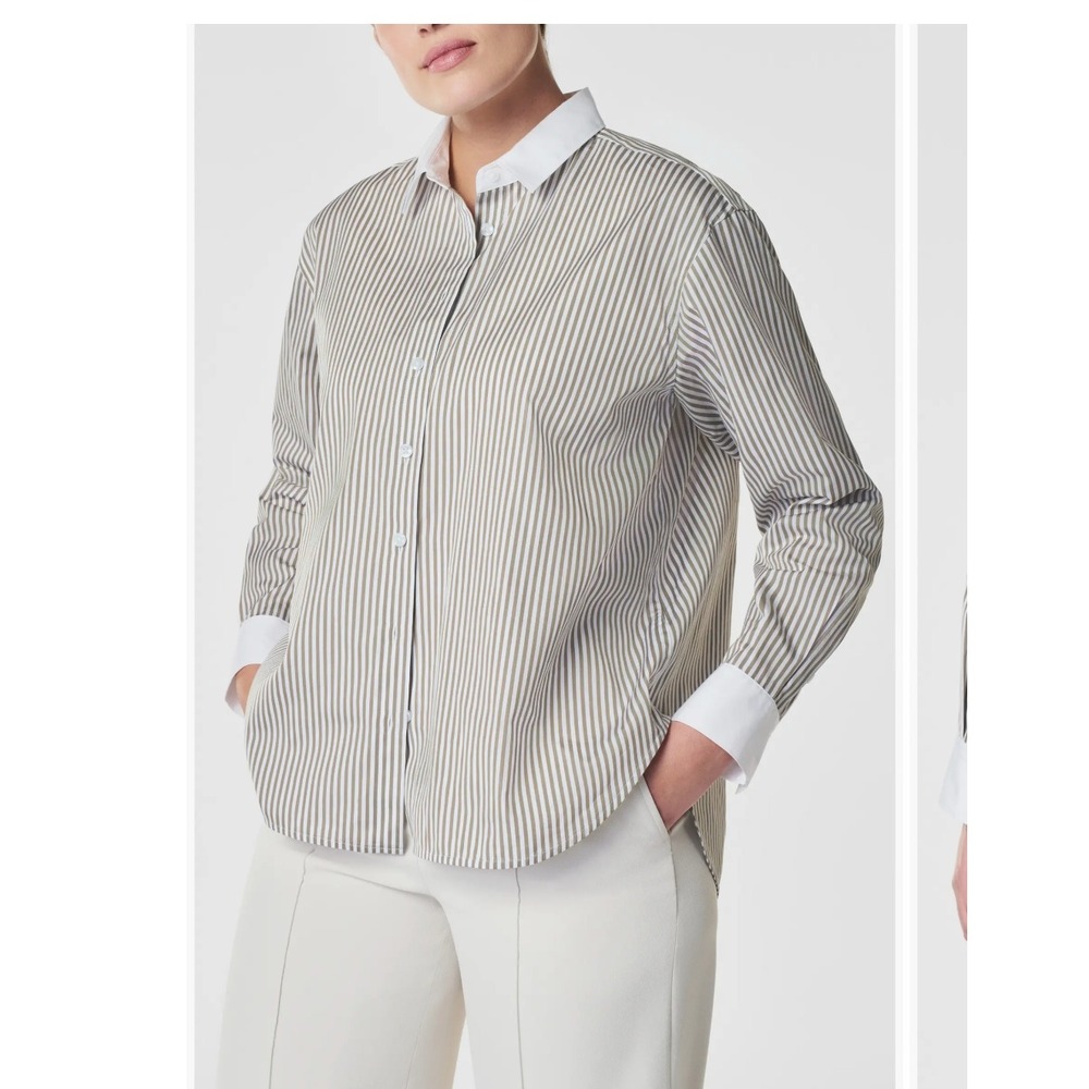 Spanx Women Medium Relaxed Fit Poplin Button Front Striped Shirt Brown White